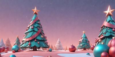 Primary subject: Christmas tree
Setting/background: Snowy landscape
Visual style: Digital art
Colors and mood: Pink, blue, and white